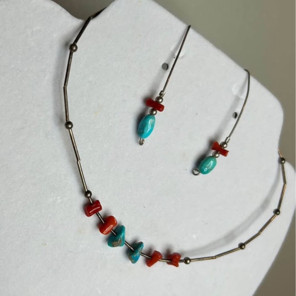 VTG| Navajo sterling silver with turquoise and coral necklace and earrings